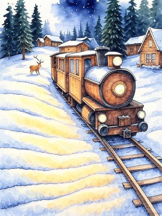 Train in snowy woods A4 print