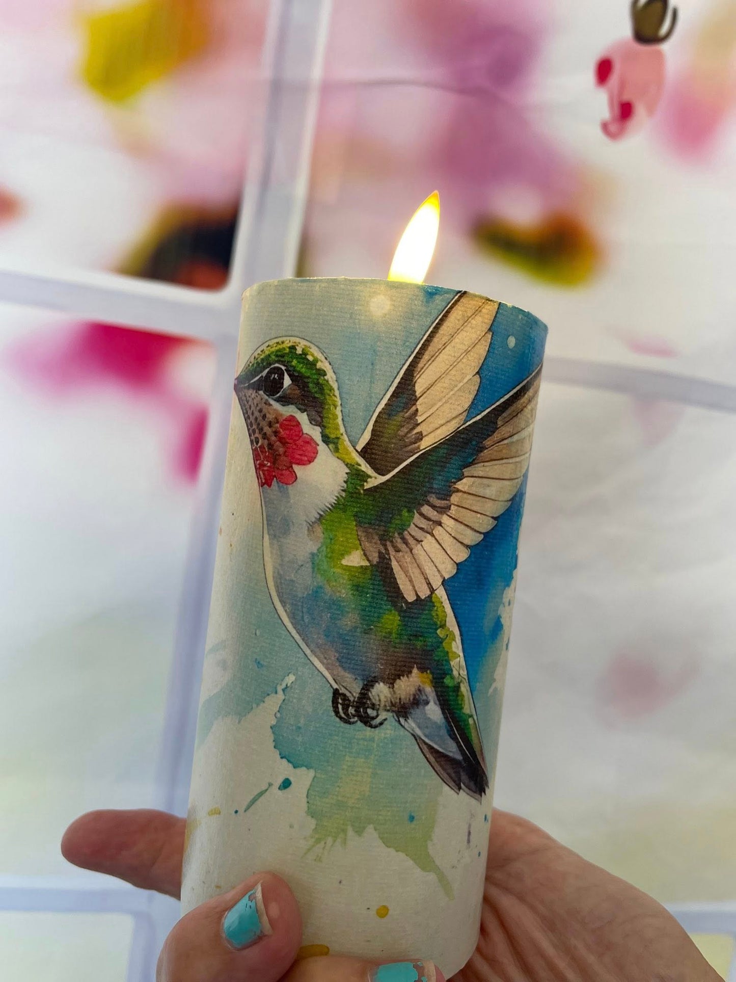 A battery operated decorated candle