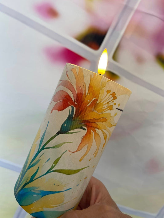 A battery operated decorated candle